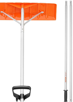 Orange snow shovel with aluminum handle, featuring a durable blade and sturdy grip for winter snow removal.