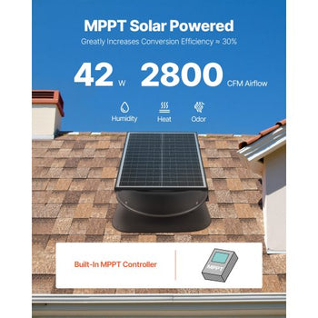 Solar Attic Fan, 42 W, 2800 CFM Large Air Flow Solar Roof Vent Fan, Low Noise and Weatherproof with 110V Smart Adapter, Ideal for Home, Greenhouse, Garage, Shop, RV, FCC Listed