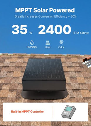 Roof Attic Exhaust Fan, 35W Smart Solar Roof Ventilation Fan Auto Temperature Control, 2400 CFM Airflow Built-in Brushless DC Motor for Cooling and Dehumidification, No Remote