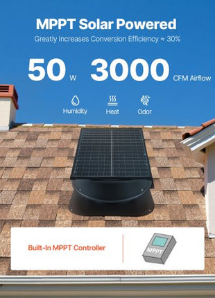 Roof Attic Exhaust Fan, 50W Smart Solar Roof Ventilation Fan with Thermostat, Remote Control, 3000 CFM Airflow Built-in Smoke Sensor with Auto Stop for Cooling and Dehumidification