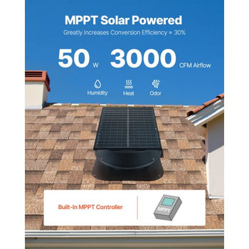 Roof Attic Exhaust Fan, 50W Smart Solar Roof Ventilation Fan with Thermostat, Remote Control, 3000 CFM Airflow Built-in Smoke Sensor with Auto Stop for Cooling and Dehumidification