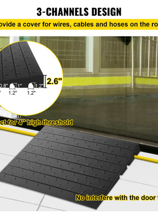 Rubber Threshold Ramp, 2.6\" Rise Threshold Ramp Doorway, 3 Channels Cord Cover Rubber Solid Threshold Ramp, Rubber Angled Entry Rated 2202 Lbs Load Capacity for Wheelchair and Scooter