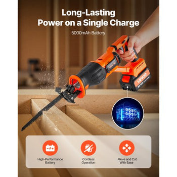 Cordless Reciprocating Saw, 20 V, 3000 SPM Variable Speed, 1 inch Stroke Length, Electric Reciprocating Saw with Battery, Charger, 8 Blades, and Carrying Bag, for Wood and Plastic Cutting