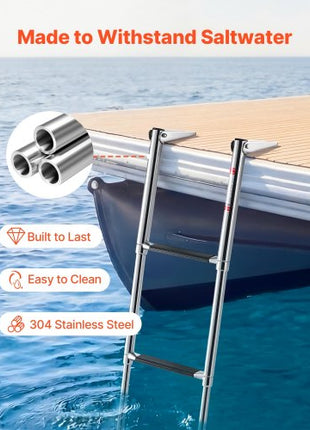 Boat Ladder, 4 Steps, Stainless Steel Telescoping Folding Swim Deck Ladder for Rear Entry Inboard, Heavy Duty 900 lbs Capacity with Wide Anti-Slip Steps, for Outboards, Yacht, Pontoon Boats