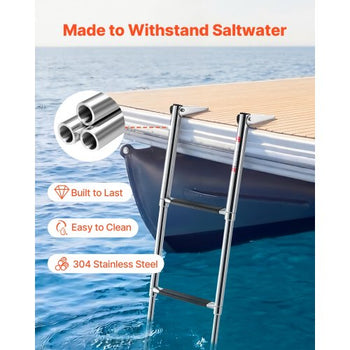 Boat Ladder, 4 Steps, Stainless Steel Telescoping Folding Swim Deck Ladder for Rear Entry Inboard, Heavy Duty 900 lbs Capacity with Wide Anti-Slip Steps, for Outboards, Yacht, Pontoon Boats