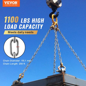 Proof Coil Chain, 3/16" x 250', 1100 lbs Safe Working Load, Zinc Plated Proof Tested Coil Chain with Two Quick Links, Galvanized Carbon Steel Link Chain for Towing, Hanging, Camping, Pet Towing