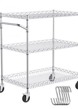 Kitchen Utility Cart, 3 Tiers, Wire Rolling Cart with 661LBS Capacity, Steel Service Cart on Wheels, Metal Storage Trolley with 80mm Deep Basket Curved Handle 6 Hooks, for Indoor and Outdoor Use
