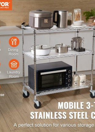 Kitchen Utility Cart, 3 Tiers, Wire Rolling Cart with 661LBS Capacity, Steel Service Cart on Wheels, Metal Storage Trolley with 80mm Basket Curved Handle PP Liner 6 Hooks, for Indoor and Outdoor