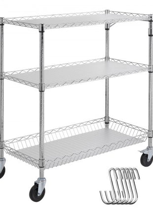 Kitchen Utility Cart, 3 Tiers, Wire Rolling Cart with 661LBS Capacity, Steel Service Cart on Wheels, Metal Storage Trolley with 80mm Basket Curved Handle PP Liner 6 Hooks, for Indoor and Outdoor