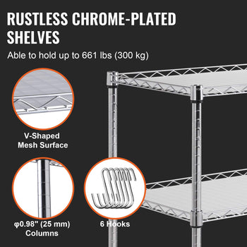 Rustless chrome-plated shelves with V-shaped mesh surface, 661 lbs capacity, and 6 hooks for versatile storage.