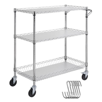 Silver metal utility cart with three shelves on wheels, featuring sturdy wire construction and included hooks for added storage.
