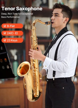 Tenor Saxophone, B Flat, Professional Brass Saxophone Beginner Kit with Carrying Case, Mouthpiece, Straps, Cleaning Cloth, Gloves, Neck Strap, 23 Keys Tenor Sax Kit, for Beginners Students, Gold