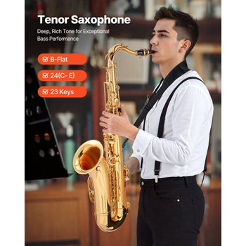 Tenor Saxophone, B Flat, Professional Brass Saxophone Beginner Kit with Carrying Case, Mouthpiece, Straps, Cleaning Cloth, Gloves, Neck Strap, 23 Keys Tenor Sax Kit, for Beginners Students, Gold