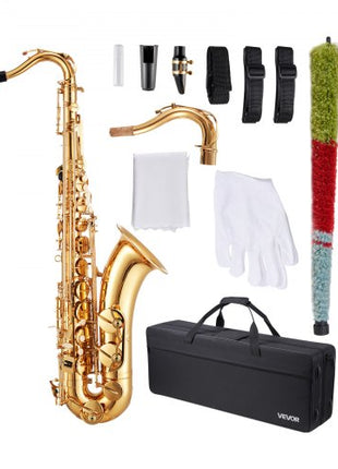 Tenor Saxophone, B Flat, Professional Brass Saxophone Beginner Kit with Carrying Case, Mouthpiece, Straps, Cleaning Cloth, Gloves, Neck Strap, 23 Keys Tenor Sax Kit, for Beginners Students, Gold
