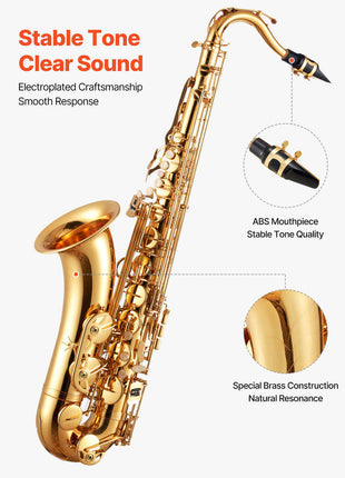 Tenor Saxophone, B Flat, Professional Brass Saxophone Beginner Kit with Carrying Case, Mouthpiece, Straps, Cleaning Cloth, Gloves, Neck Strap, 23 Keys Tenor Sax Kit, for Beginners Students, Gold