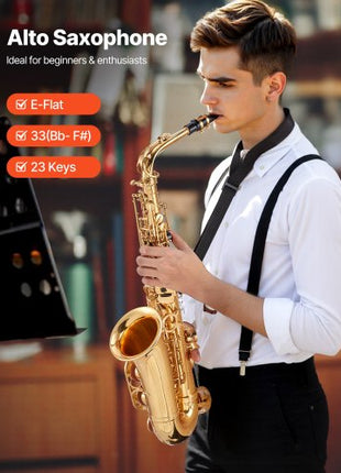 Alto Saxophone, E Flat, Brass Saxophone Beginner Kit with Carrying Case, Mouthpiece, Straps, Cleaning Cloth Rod, Gloves, Grease, Neck Strap, 23 Keys Alto Sax Kit, for Beginners Students, Gold