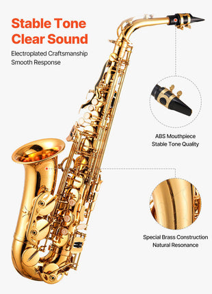 Alto Saxophone, E Flat, Brass Saxophone Beginner Kit with Carrying Case, Mouthpiece, Straps, Cleaning Cloth Rod, Gloves, Grease, Neck Strap, 23 Keys Alto Sax Kit, for Beginners Students, Gold