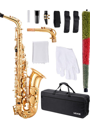 Alto Saxophone, E Flat, Brass Saxophone Beginner Kit with Carrying Case, Mouthpiece, Straps, Cleaning Cloth Rod, Gloves, Grease, Neck Strap, 23 Keys Alto Sax Kit, for Beginners Students, Gold
