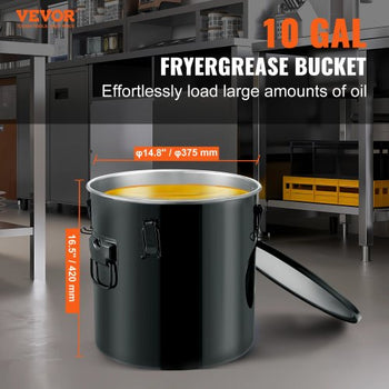 Fryer Grease Bucket, 10 Gal Oil Disposal Caddy Stainless Steel Fryer Oil Bucket Rust-Proof Coating, Oil Transport Container with Lid, Lock Clips, Filter Bag for Hot Cooking Oil Filtering, Black