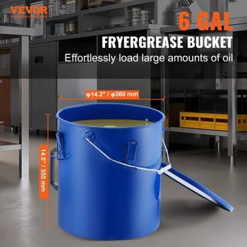 Fryer Grease Bucket, 6 Gal Oil Disposal Caddy Carbon Steel Fryer Oil Bucket with Rust-Proof Coating, Oil Transport Container with Lid, Lock Clips, Filter Bag for Hot Cooking Oil Filtering, Blue