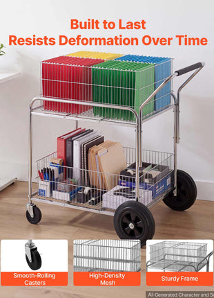 Rolling File Cart 2-Tier Mobile Wire Mail Cart with Lockable Wheels, for Office Records Room, Heavy-Duty File Folder Organizer Utility Wagon, with 264.55 lbs / 120 kg Load, 37.6 x 22.4 x 38 in