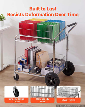 Rolling File Cart 2-Tier Mobile Wire Mail Cart with Lockable Wheels, for Office Records Room, Heavy-Duty File Folder Organizer Utility Wagon, with 264.55 lbs / 120 kg Load, 37.6 x 22.4 x 38 in
