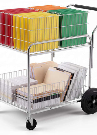 Rolling File Cart 2-Tier Mobile Wire Mail Cart with Lockable Wheels, for Office Records Room, Heavy-Duty File Folder Organizer Utility Wagon, with 264.55 lbs / 120 kg Load, 37.6 x 22.4 x 38 in