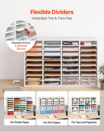 Literature Organizer, 36 Compartments Office Mailbox with Detachable Shelves, Wooden Mailbox Sorter with Particle Board, Countertop Office Home Storage Organizer for File, Document, Paper, White