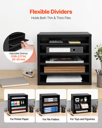 Literature Organizer, 5 Compartments Office Mailbox with Adjustable Shelves, Wooden Mailbox Sorter with MDF, Countertop Office Home Classroom Storage Organizer for File, Document, Paper, Black