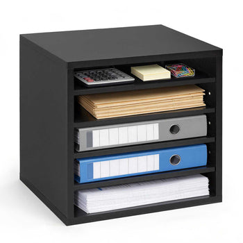 Literature Organizer, 5 Compartments Office Mailbox with Adjustable Shelves, Wooden Mailbox Sorter with MDF, Countertop Office Home Classroom Storage Organizer for File, Document, Paper, Black