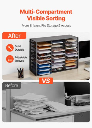 Literature Organizer, 27 Compartments Metal Office Mailbox with Detachable Wire Mesh, Mailbox Sorter with Wooden Top, Countertop Office Home Storage Organizer for File, Document, Paper, Black
