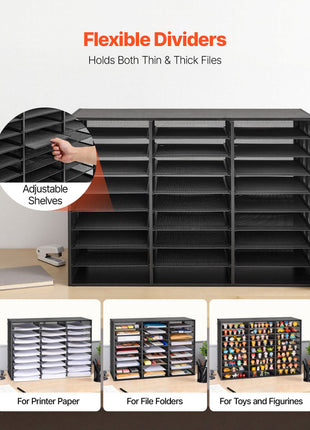 Literature Organizer, 27 Compartments Metal Office Mailbox with Detachable Wire Mesh, Mailbox Sorter with Wooden Top, Countertop Office Home Storage Organizer for File, Document, Paper, Black