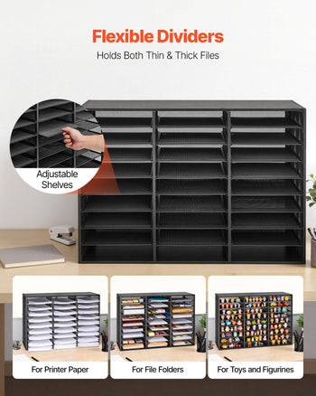 Literature Organizer, 27 Compartments Metal Office Mailbox with Detachable Wire Mesh, Mailbox Sorter with Wooden Top, Countertop Office Home Storage Organizer for File, Document, Paper, Black