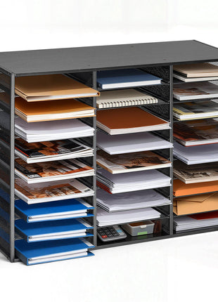 Literature Organizer, 27 Compartments Metal Office Mailbox with Detachable Wire Mesh, Mailbox Sorter with Wooden Top, Countertop Office Home Storage Organizer for File, Document, Paper, Black