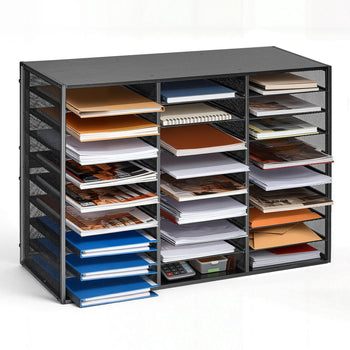 Literature Organizer, 27 Compartments Metal Office Mailbox with Detachable Wire Mesh, Mailbox Sorter with Wooden Top, Countertop Office Home Storage Organizer for File, Document, Paper, Black