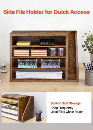Literature Organizer, 4 Compartments Office Mailbox with Detachable Shelves, Wooden Mailbox Sorter with Side Vertical Storage, Countertop Office Home Organizer for File, Document, Paper, Brown
