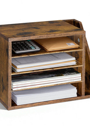 Literature Organizer, 4 Compartments Office Mailbox with Detachable Shelves, Wooden Mailbox Sorter with Side Vertical Storage, Countertop Office Home Organizer for File, Document, Paper, Brown