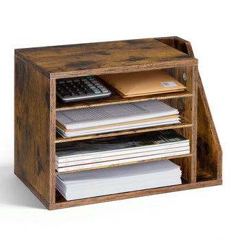 Literature Organizer, 4 Compartments Office Mailbox with Detachable Shelves, Wooden Mailbox Sorter with Side Vertical Storage, Countertop Office Home Organizer for File, Document, Paper, Brown