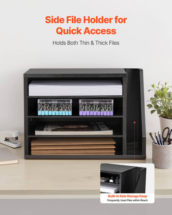 Literature Organizer, 4 Compartments Office Mailbox with Detachable Shelves, Wooden Mailbox Sorter with Side Vertical Storage, Countertop Office Home Organizer for File, Document, Paper, Black