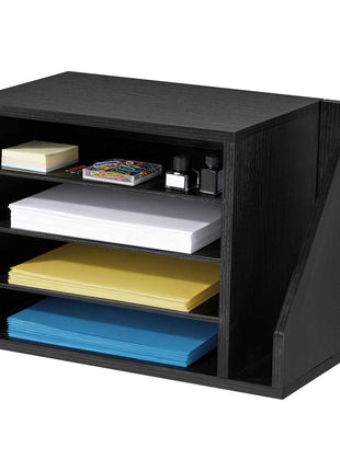 Literature Organizer, 4 Compartments Office Mailbox with Detachable Shelves, Wooden Mailbox Sorter with Side Vertical Storage, Countertop Office Home Organizer for File, Document, Paper, Black