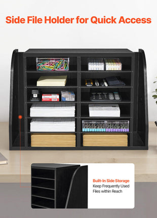 Literature Organizer, 12 Compartments Office Mailbox with Side Vertical Storage, Wooden Mailbox Sorter Made of Particle Board, Countertop Office Home  Organizer for File, Document, Paper, Black