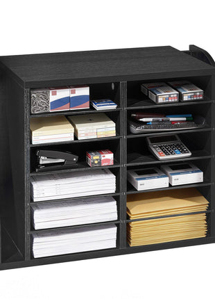 Literature Organizer, 12 Compartments Office Mailbox with Side Vertical Storage, Wooden Mailbox Sorter Made of Particle Board, Countertop Office Home  Organizer for File, Document, Paper, Black