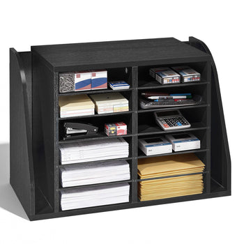 Literature Organizer, 12 Compartments Office Mailbox with Side Vertical Storage, Wooden Mailbox Sorter Made of Particle Board, Countertop Office Home  Organizer for File, Document, Paper, Black