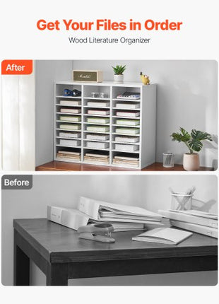 Literature Organizer, 24 Compartments Office Mailbox with Adjustable Shelves, Wooden Mailbox Sorter Medium Density Fiberboard Office Home Classroom Storage for Files, Documents, Papers, White