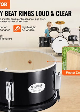 Kids Drum Set, 5-Piece, 16 in Beginner Full Drum Set with Bass Toms Snare Floor Drum Adjustable Throne Cymbal Hi-Hat Pedal and Two Pairs of Drumsticks, Starter Drum Kit for Child Kids, Black