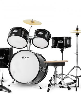 Kids Drum Set, 5-Piece, 16 in Beginner Full Drum Set with Bass Toms Snare Floor Drum Adjustable Throne Cymbal Hi-Hat Pedal and Two Pairs of Drumsticks, Starter Drum Kit for Child Kids, Black
