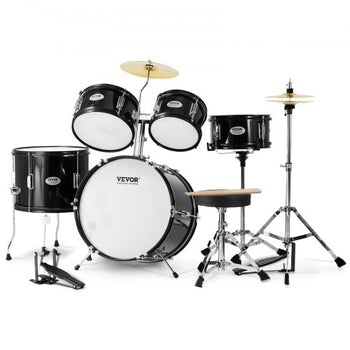 Kids Drum Set, 5-Piece, 16 in Beginner Full Drum Set with Bass Toms Snare Floor Drum Adjustable Throne Cymbal Hi-Hat Pedal and Two Pairs of Drumsticks, Starter Drum Kit for Child Kids, Black