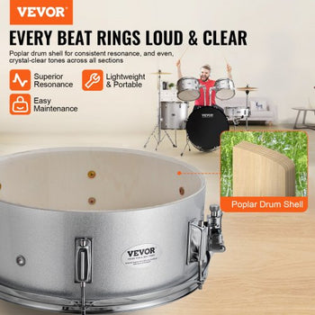 Adult Drum Set, 5-Piece, 22 inches Complete Full Size Drum Kit with Bass Toms Snare Floor Drum Adjustable Throne Stands Cymbal Hi-Hat Pedal and Drumsticks, Beginner Drum Kit for Adults, Silver