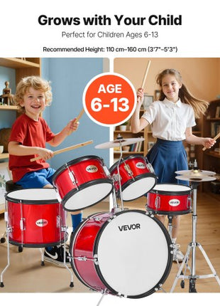 Kids Drum Set, 5-Piece 16 in Junior Drum Sets, Beginner Drums Set with Adjustable Throne, Cymbal & Two Pairs of Drumsticks, Musical Learning Drums Instruments Kit, for Children Ages 6-13 (Red)