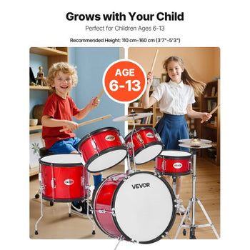 Kids Drum Set, 5-Piece 16 in Junior Drum Sets, Beginner Drums Set with Adjustable Throne, Cymbal & Two Pairs of Drumsticks, Musical Learning Drums Instruments Kit, for Children Ages 6-13 (Red)